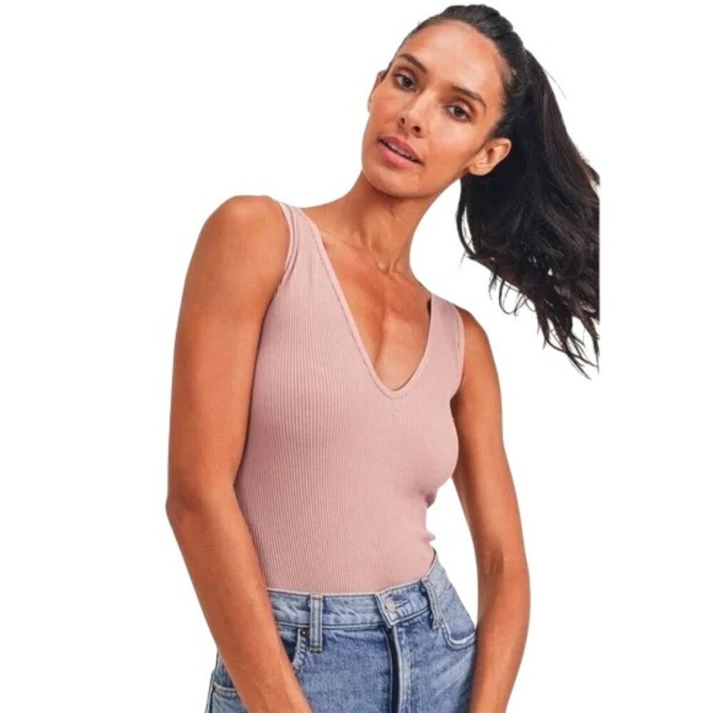 Mono B Ribbed Seamless Bodysuit Sz Small Sleeveless Dusty Rose Pink Stretch NEW